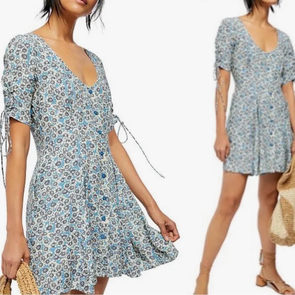Free People Blue Floral Laced Up Mini Dress Size Small
